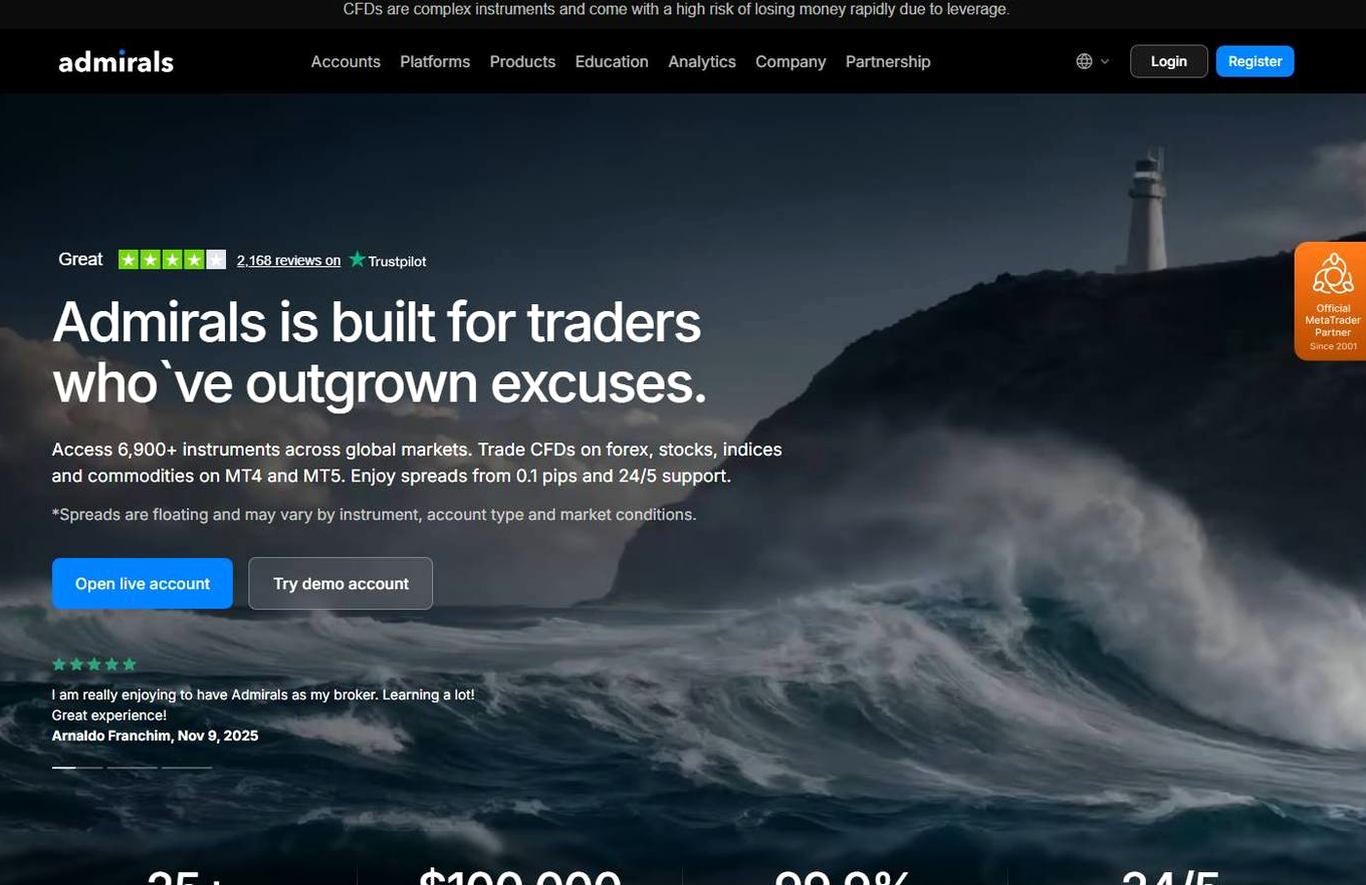 Screenshot of the Admirals website