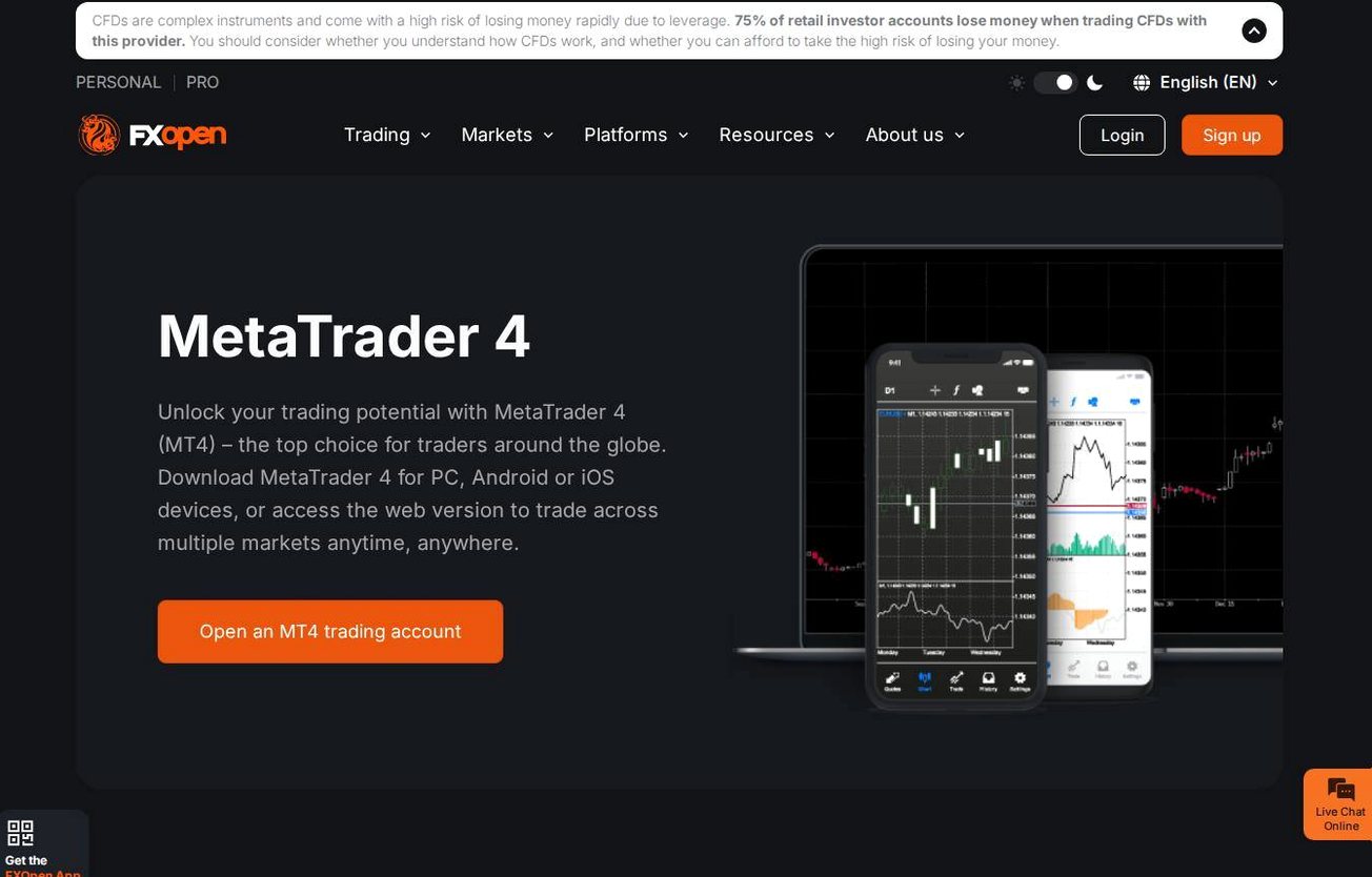 The platform page on the FXOpen website