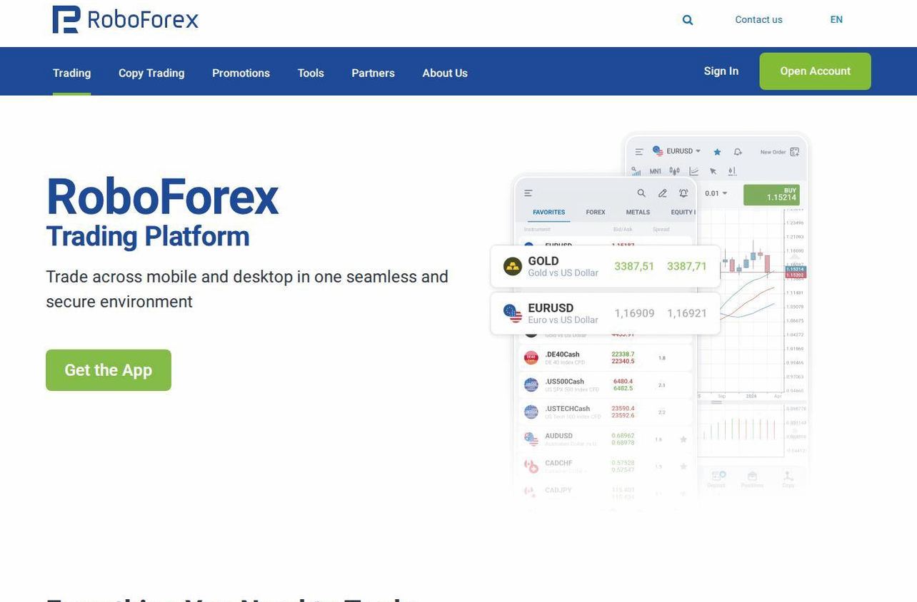 The platform page on the RoboForex website