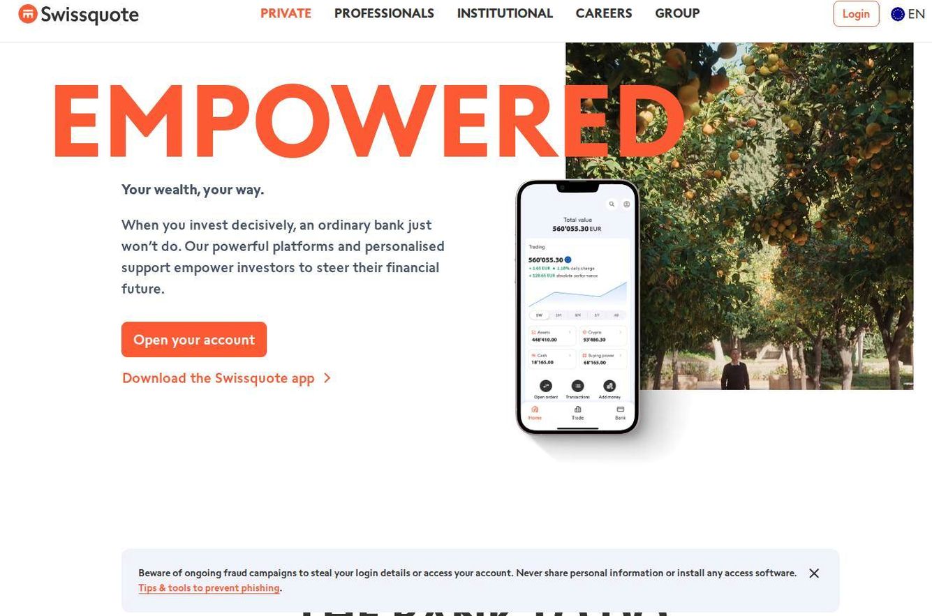The platform page on the Swissquote website