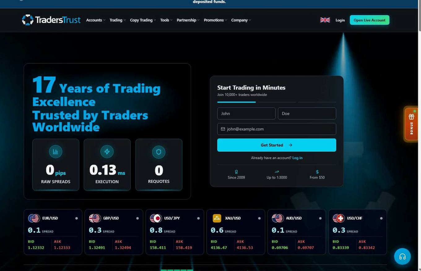 Screenshot of the Traders Trust website